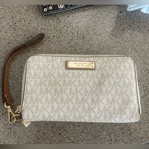 Michael Kors Signature Wristlet in Light Taupe with Brown Strap